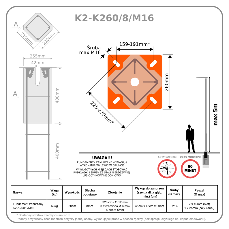 Fundament zanurzany K2-K260/8/M16