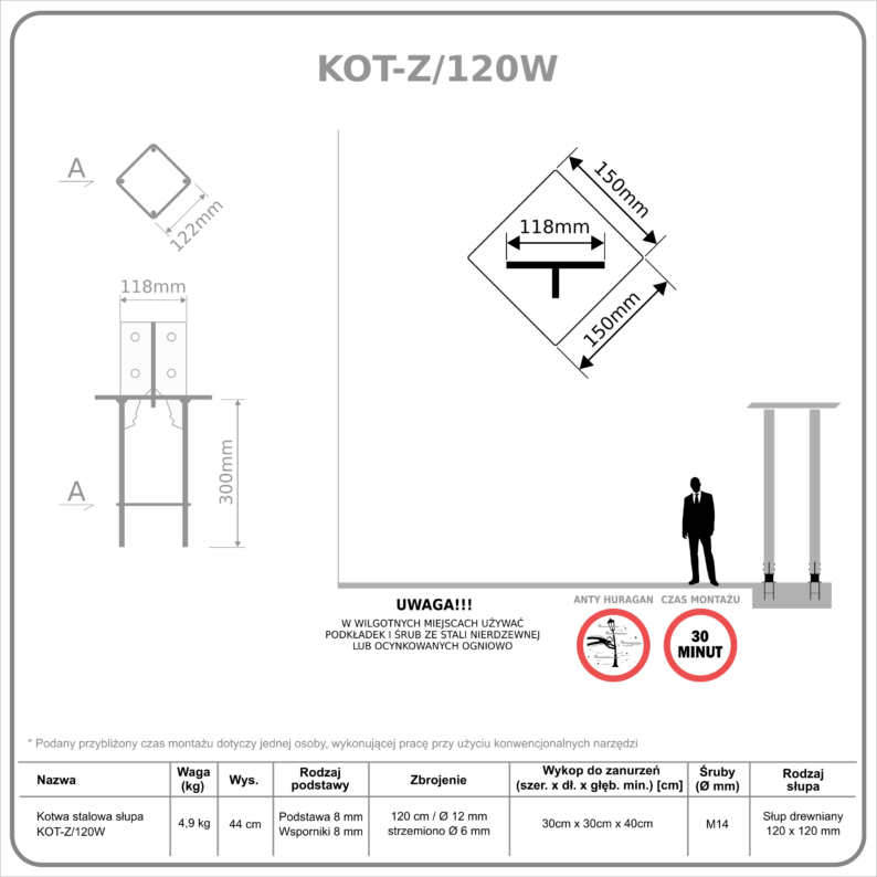 Kotwa stalowa słupa KOT-Z/120W