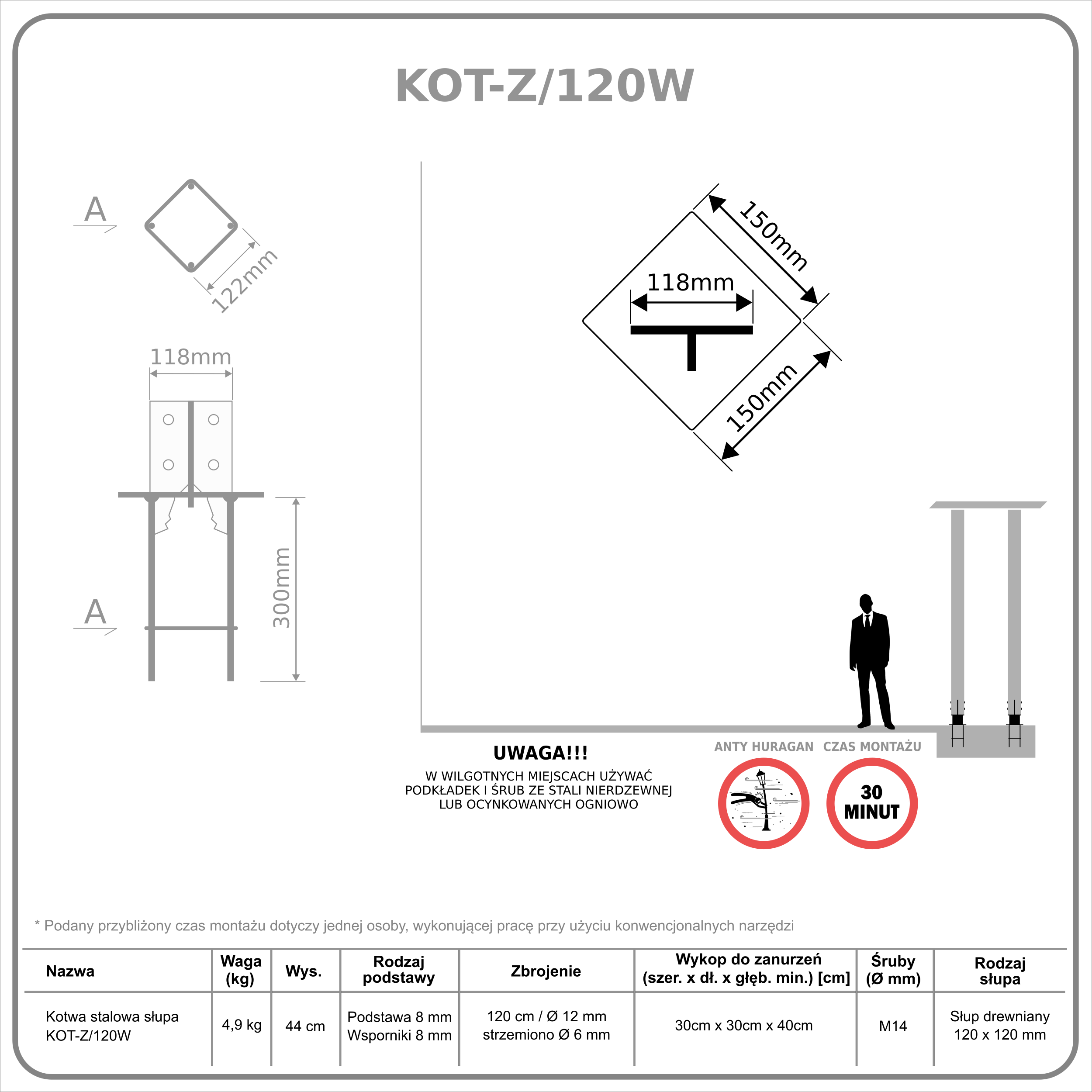 Kotwa stalowa słupa KOT-Z/120W