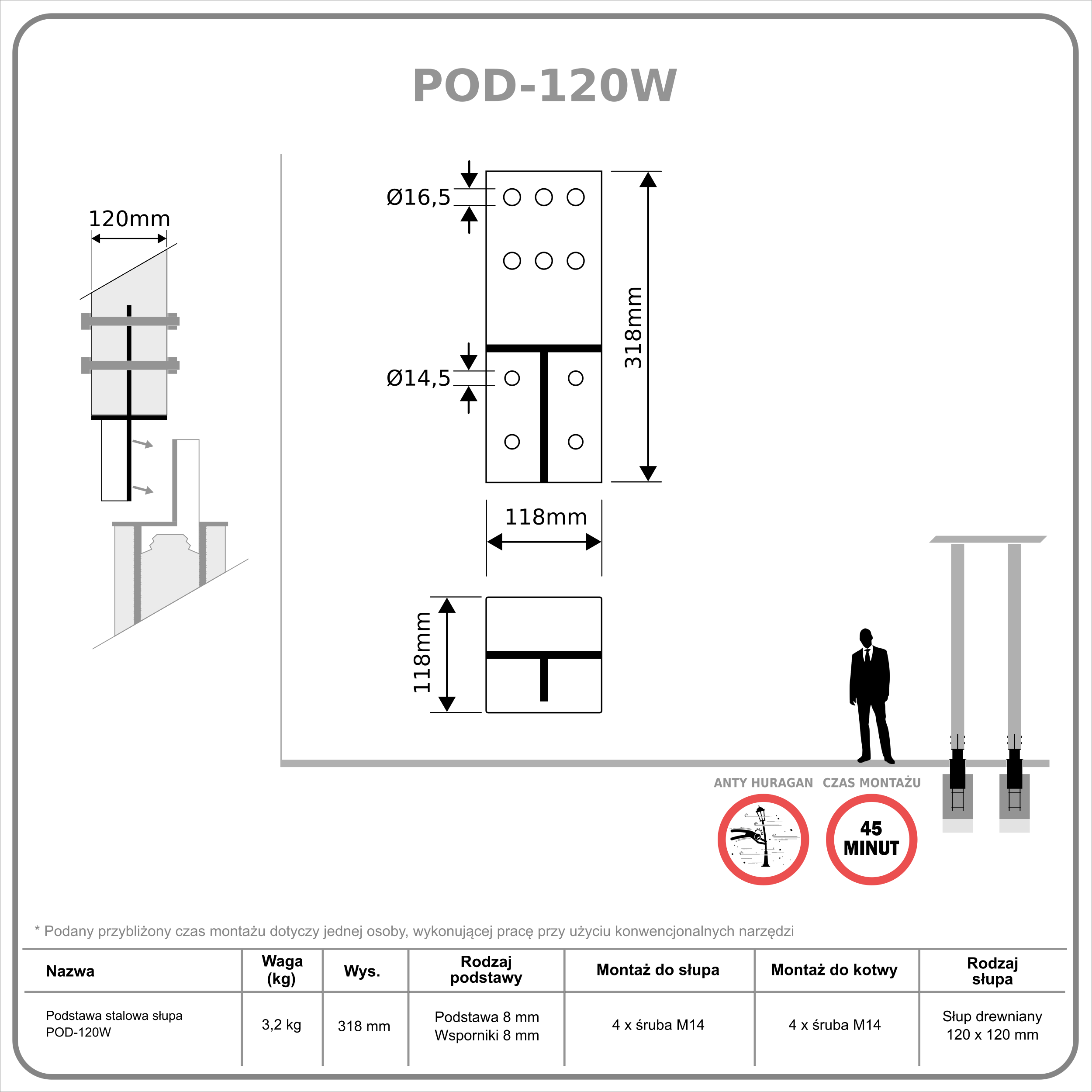 Podstawa stalowa słupa POD-120W-PRO - obrazek 2