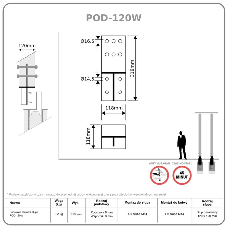 Podstawa stalowa słupa POD-120W