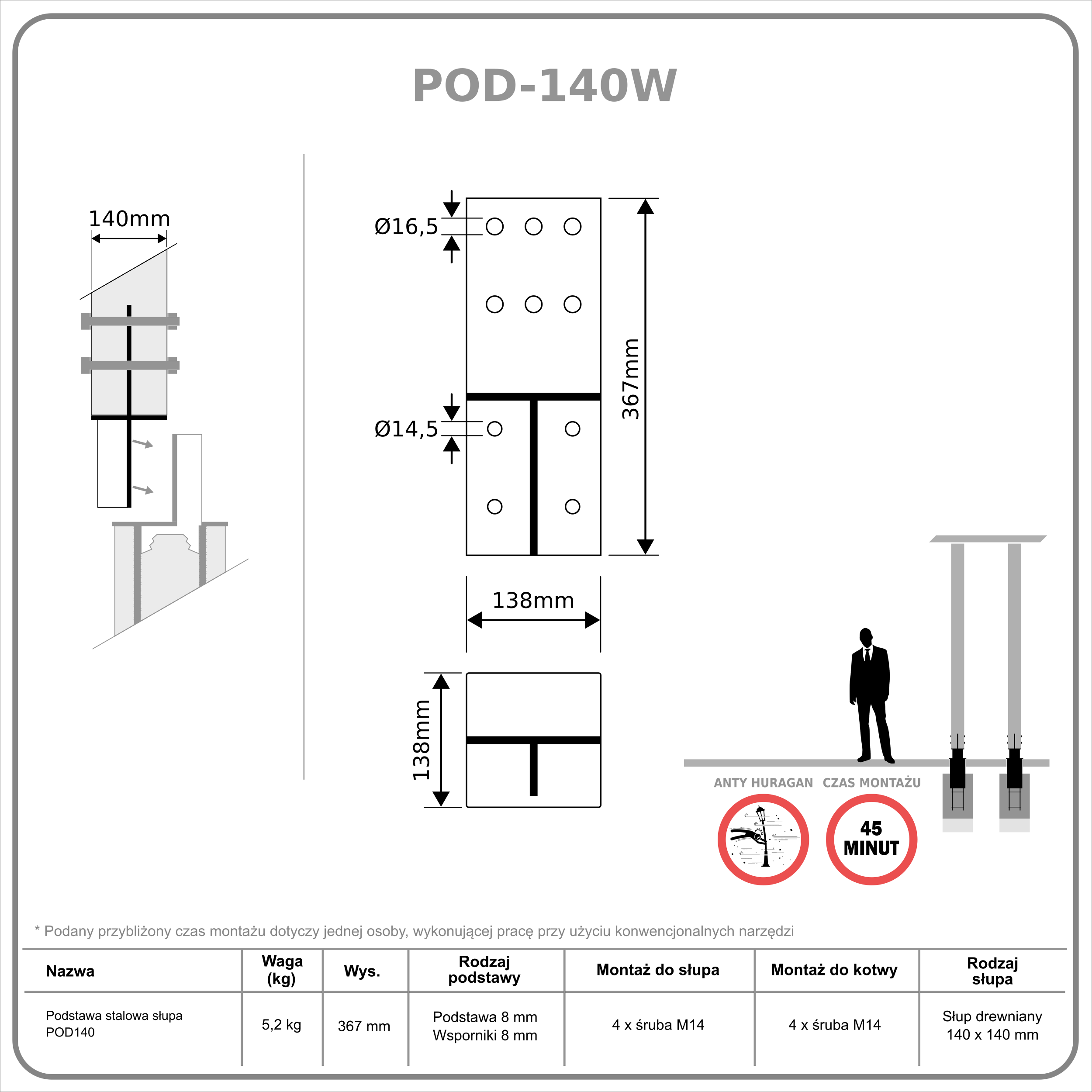 Podstawa stalowa słupa POD-140W